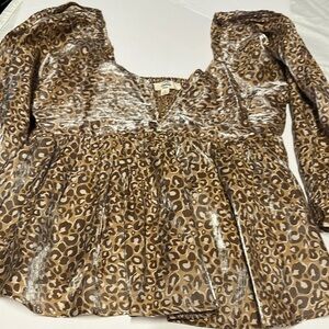 Entro Smocked Ruffled Puff Sleeve Blouse in Brown and Cream